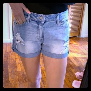 Light wash distressed denim shorts